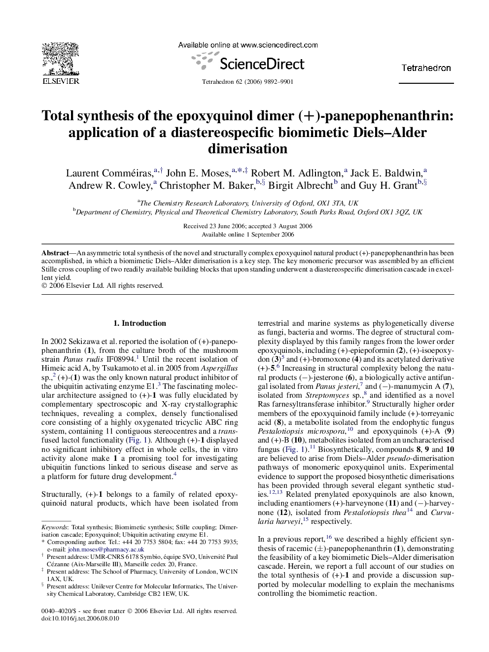 Total synthesis of the epoxyquinol dimer (+)-panepophenanthrin: application of a diastereospecific biomimetic Diels-Alder dimerisation