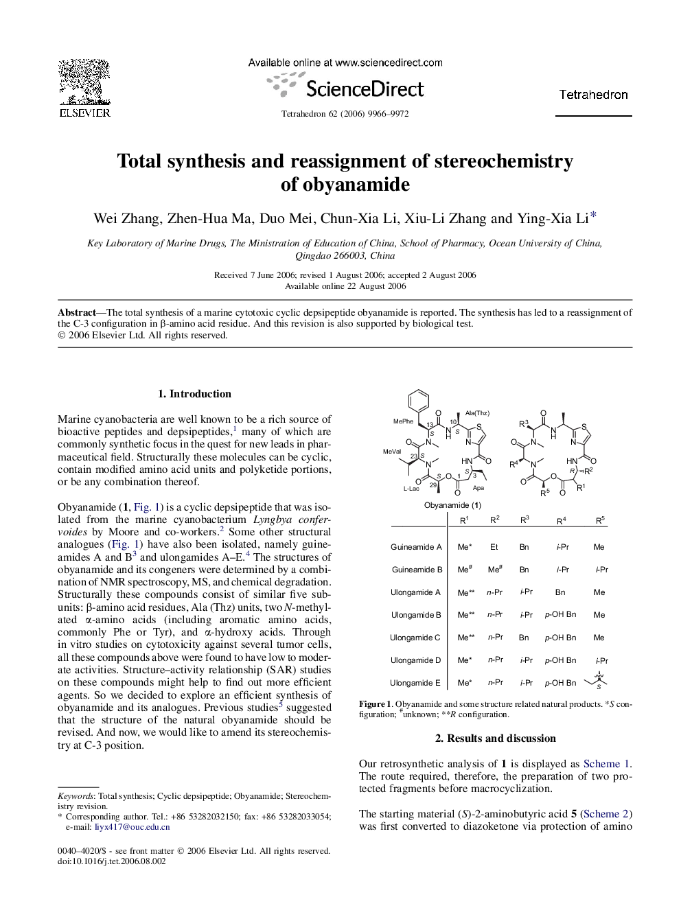 Total synthesis and reassignment of stereochemistry of obyanamide