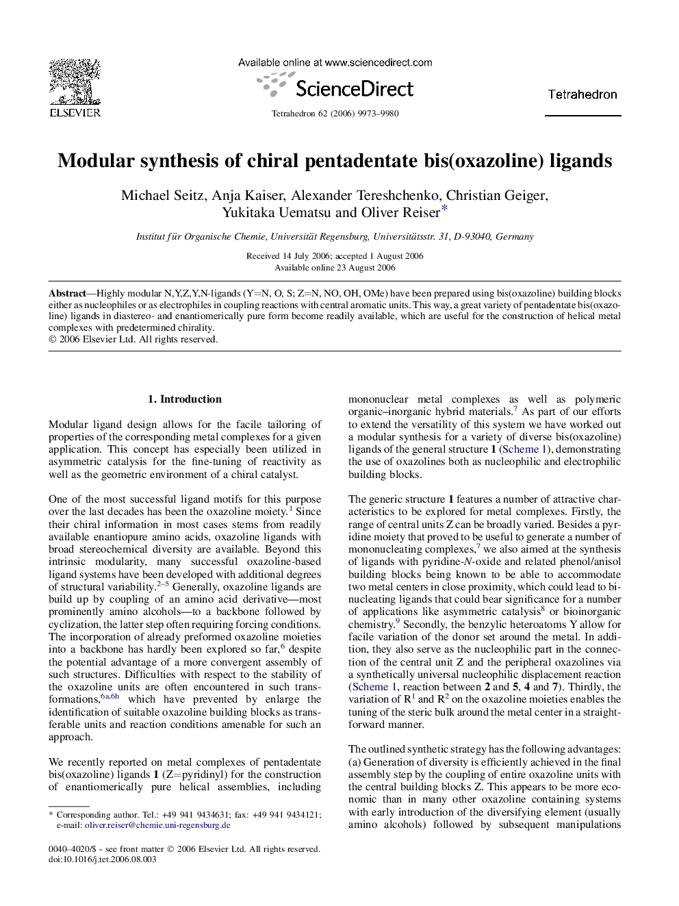 Modular synthesis of chiral pentadentate bis(oxazoline) ligands