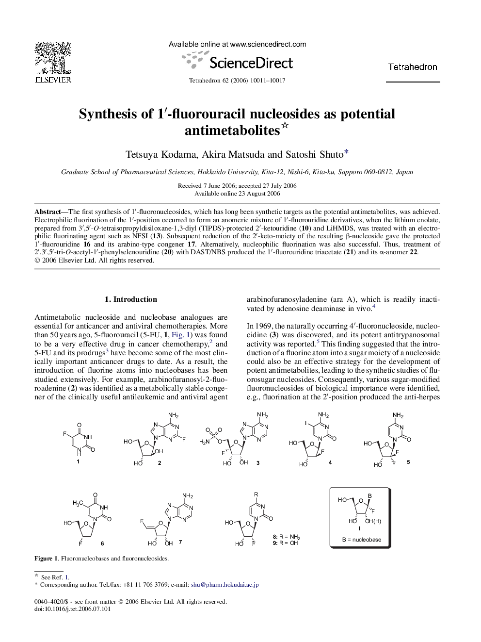 Synthesis of 1â²-fluorouracil nucleosides as potential antimetabolites