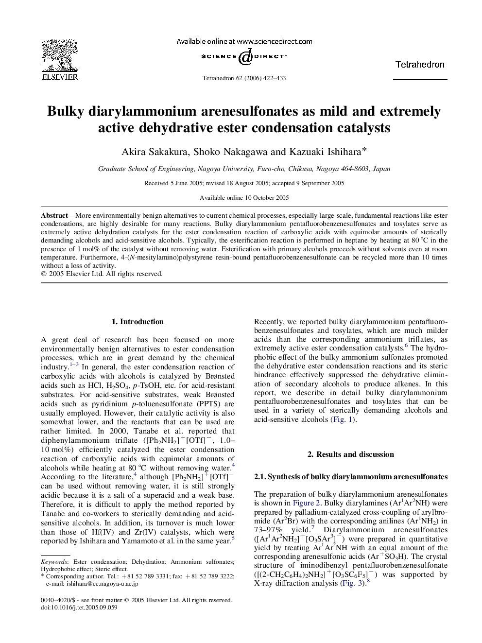 Bulky diarylammonium arenesulfonates as mild and extremely active dehydrative ester condensation catalysts