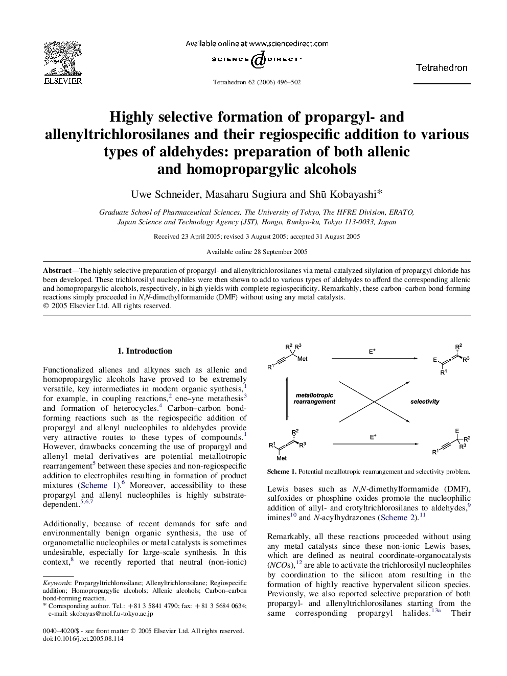 Highly selective formation of propargyl- and allenyltrichlorosilanes and their regiospecific addition to various types of aldehydes: preparation of both allenic and homopropargylic alcohols