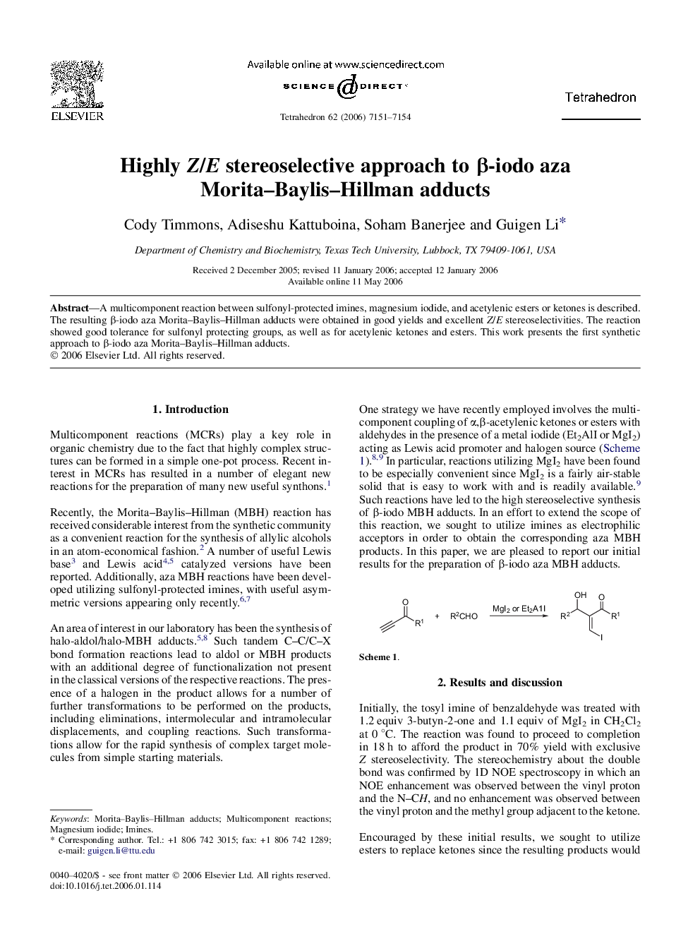 Highly Z/E stereoselective approach to Î²-iodo aza Morita-Baylis-Hillman adducts