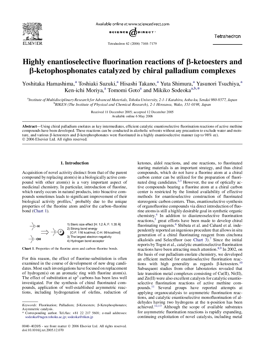 Highly enantioselective fluorination reactions of Î²-ketoesters and Î²-ketophosphonates catalyzed by chiral palladium complexes