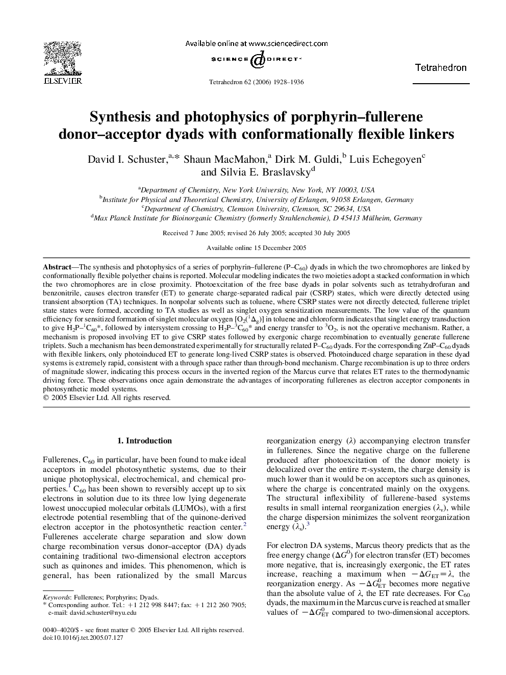 Synthesis and photophysics of porphyrin-fullerene donor-acceptor dyads with conformationally flexible linkers