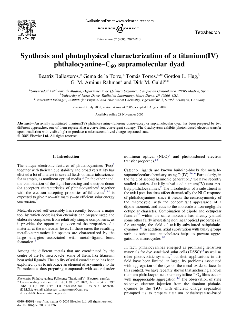 Synthesis and photophysical characterization of a titanium(IV) phthalocyanine-C60 supramolecular dyad