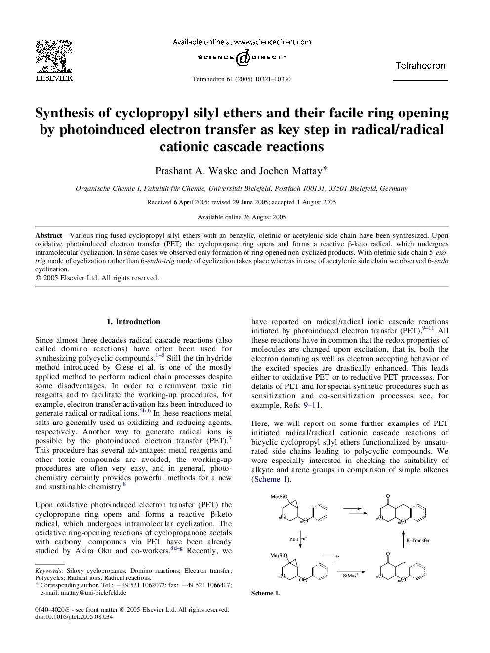Synthesis of cyclopropyl silyl ethers and their facile ring opening by photoinduced electron transfer as key step in radical/radical cationic cascade reactions