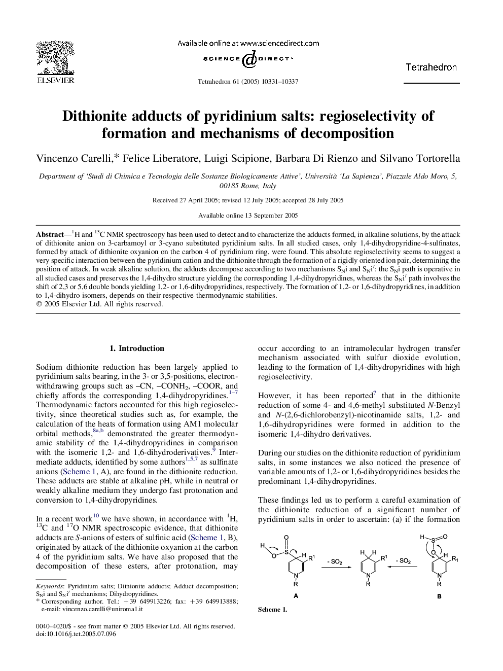 Dithionite adducts of pyridinium salts: regioselectivity of formation and mechanisms of decomposition