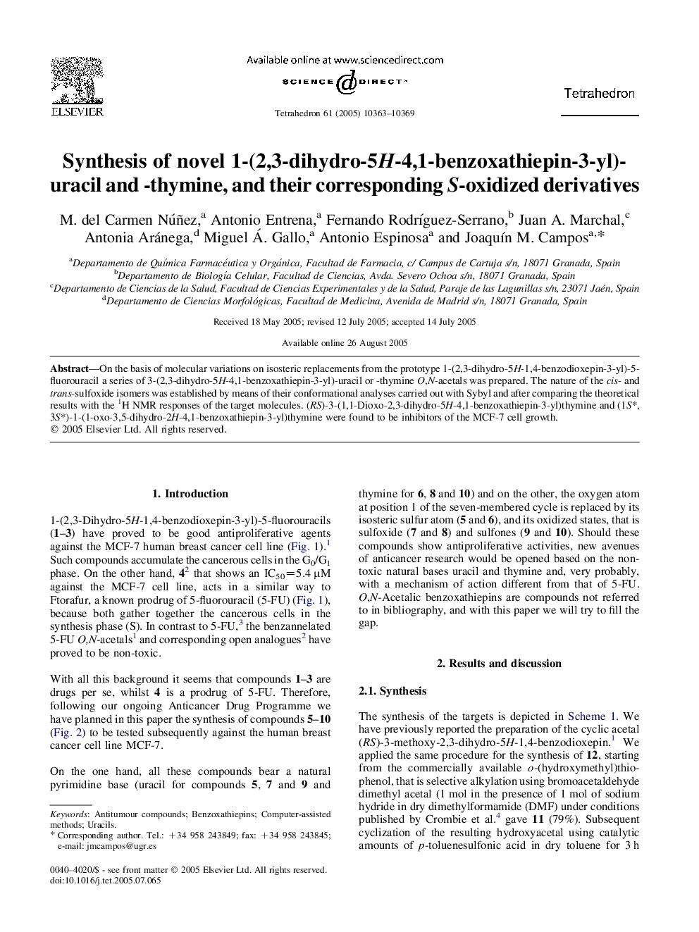 Synthesis of novel 1-(2,3-dihydro-5H-4,1-benzoxathiepin-3-yl)-uracil and -thymine, and their corresponding S-oxidized derivatives
