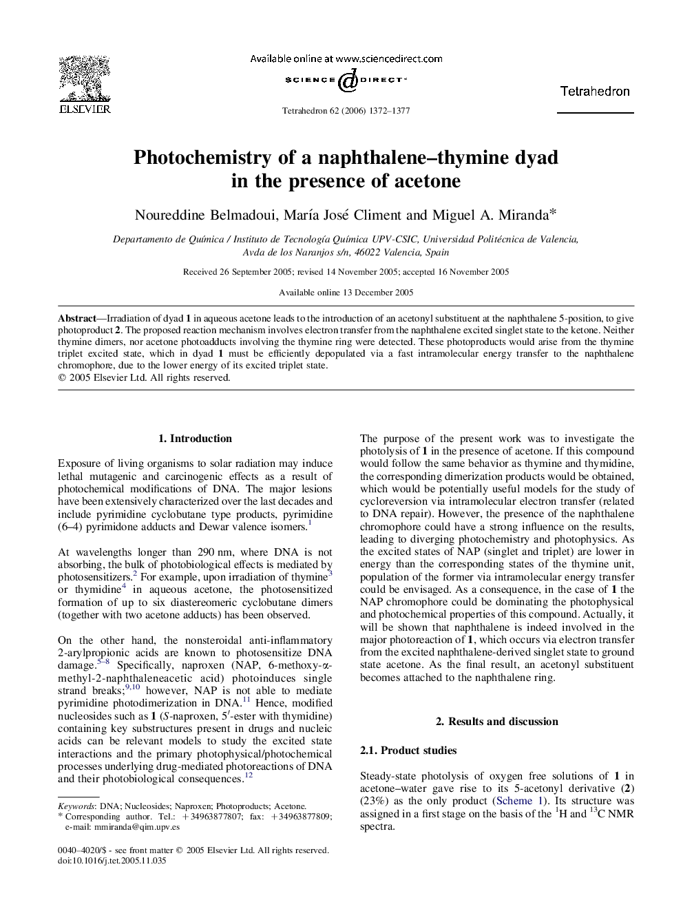 Photochemistry of a naphthalene-thymine dyad in the presence of acetone