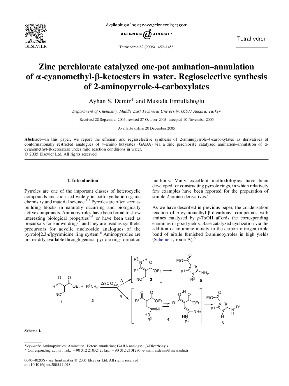 Zinc perchlorate catalyzed one-pot amination-annulation of Î±-cyanomethyl-Î²-ketoesters in water. Regioselective synthesis of 2-aminopyrrole-4-carboxylates