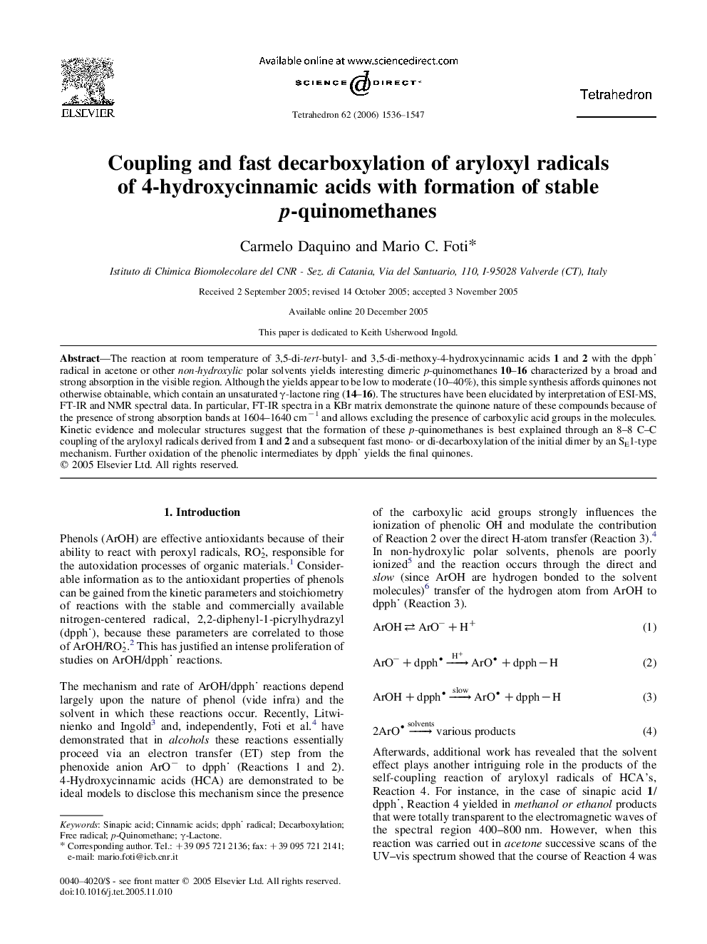 Coupling and fast decarboxylation of aryloxyl radicals of 4-hydroxycinnamic acids with formation of stable p-quinomethanes