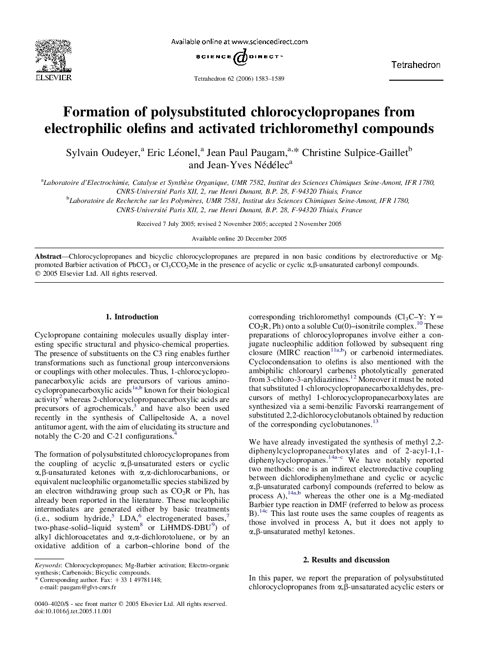 Formation of polysubstituted chlorocyclopropanes from electrophilic olefins and activated trichloromethyl compounds