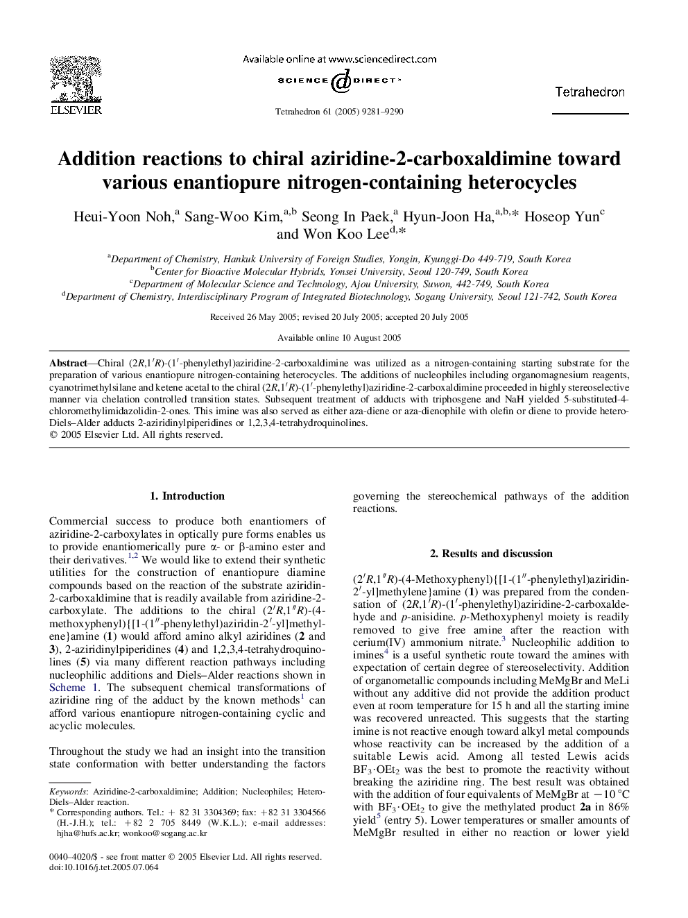 Addition reactions to chiral aziridine-2-carboxaldimine toward various enantiopure nitrogen-containing heterocycles