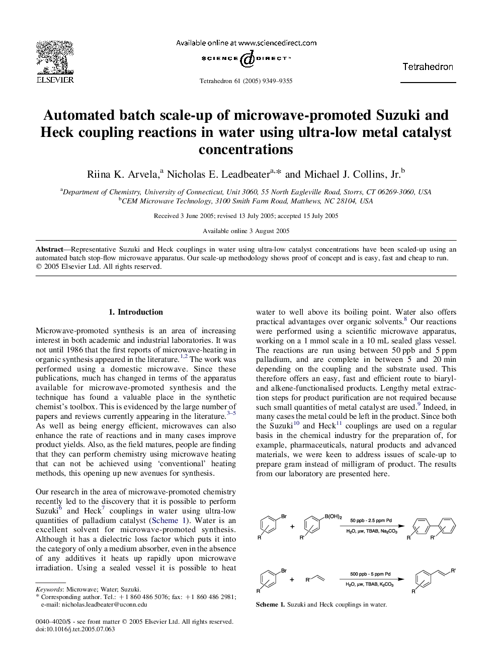 Automated batch scale-up of microwave-promoted Suzuki and Heck coupling reactions in water using ultra-low metal catalyst concentrations