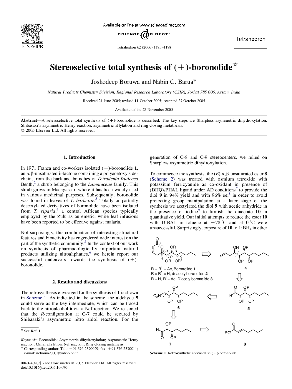 Stereoselective total synthesis of (+)-boronolide