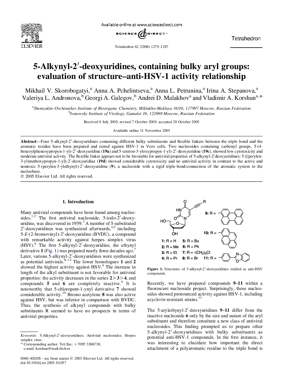 5-Alkynyl-2â²-deoxyuridines, containing bulky aryl groups: evaluation of structure-anti-HSV-1 activity relationship