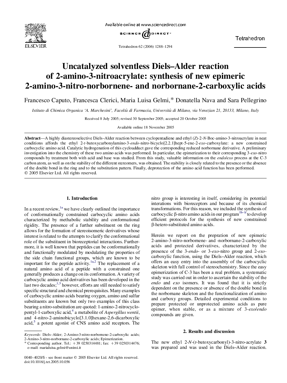 Uncatalyzed solventless Diels-Alder reaction of 2-amino-3-nitroacrylate: synthesis of new epimeric 2-amino-3-nitro-norbornene- and norbornane-2-carboxylic acids
