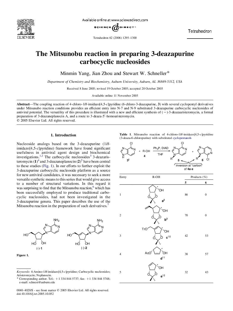 The Mitsunobu reaction in preparing 3-deazapurine carbocyclic nucleosides