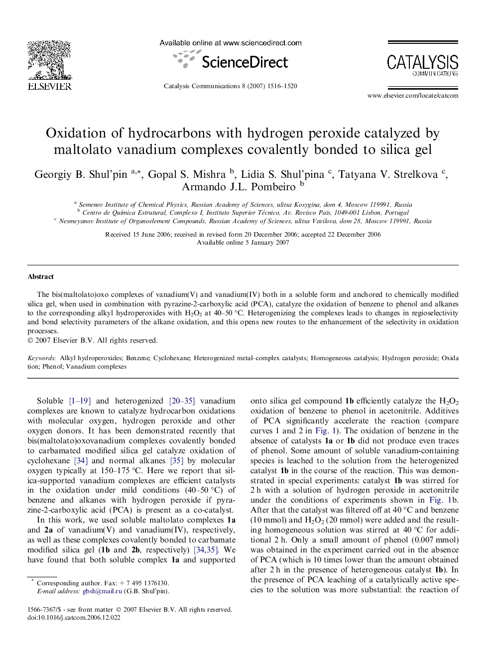 Oxidation of hydrocarbons with hydrogen peroxide catalyzed by maltolato vanadium complexes covalently bonded to silica gel