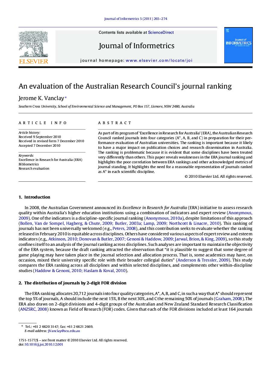 An evaluation of the Australian Research Council's journal ranking