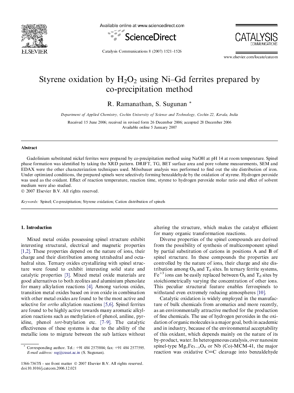 Styrene oxidation by H2O2 using Ni–Gd ferrites prepared by co-precipitation method