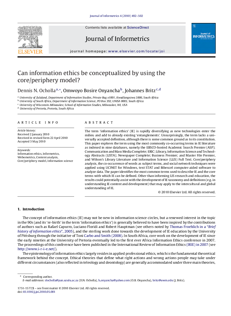 Can information ethics be conceptualized by using the core/periphery model?