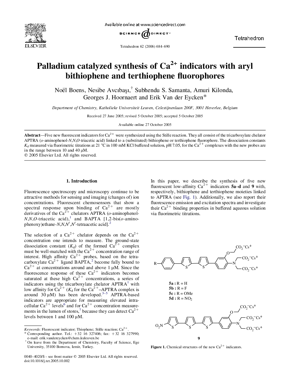 Palladium catalyzed synthesis of Ca2+ indicators with aryl bithiophene and terthiophene fluorophores