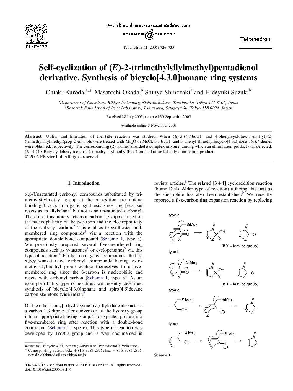 Self-cyclization of (E)-2-(trimethylsilylmethyl)pentadienol derivative. Synthesis of bicyclo[4.3.0]nonane ring systems