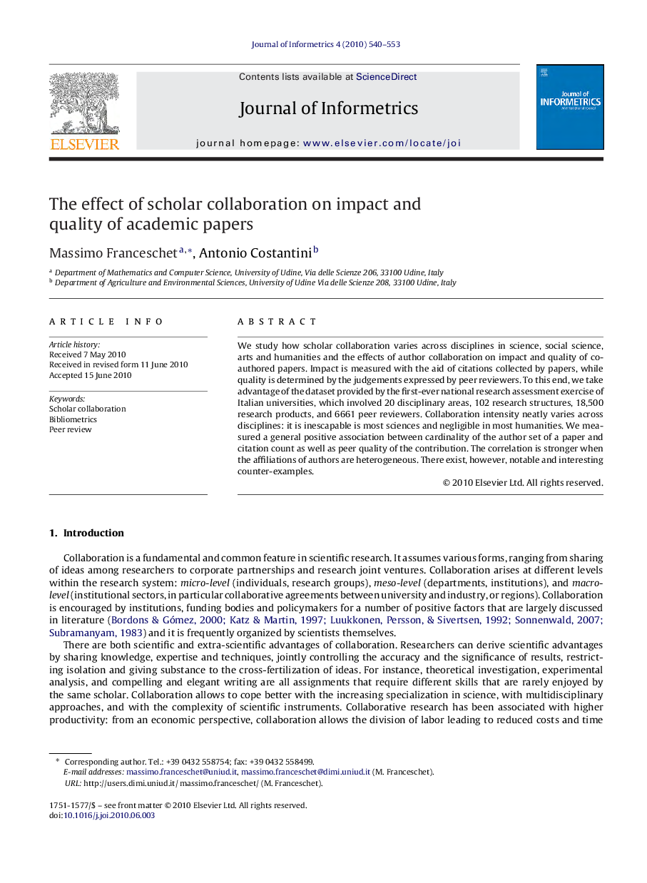 The effect of scholar collaboration on impact and quality of academic papers