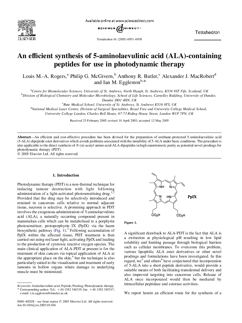 An efficient synthesis of 5-aminolaevulinic acid (ALA)-containing peptides for use in photodynamic therapy