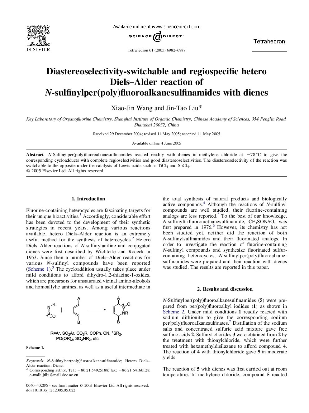 Diastereoselectivity-switchable and regiospecific hetero Diels-Alder reaction of N-sulfinylper(poly)fluoroalkanesulfinamides with dienes
