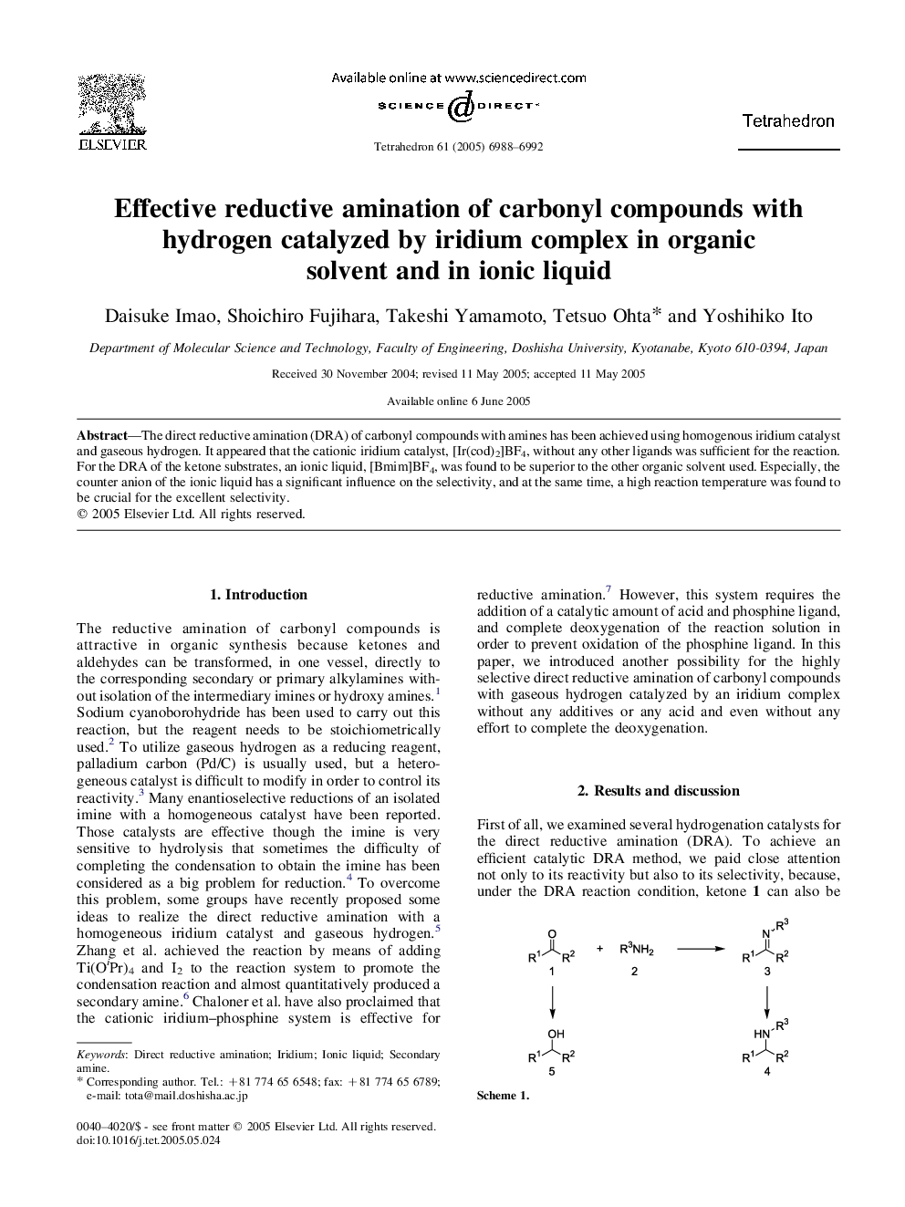 Effective reductive amination of carbonyl compounds with hydrogen catalyzed by iridium complex in organic solvent and in ionic liquid