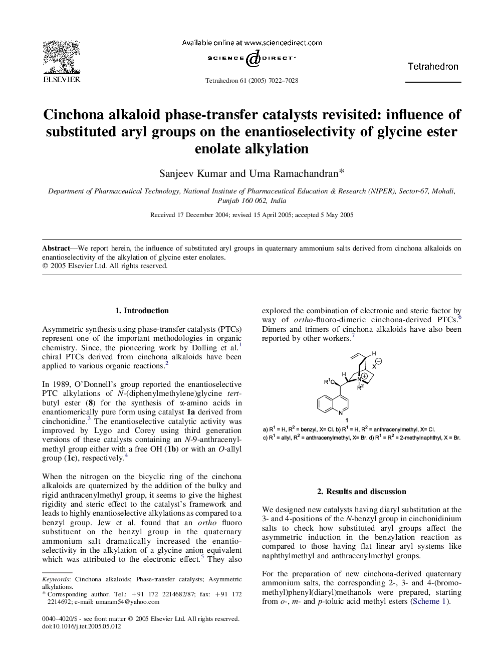 Cinchona alkaloid phase-transfer catalysts revisited: influence of substituted aryl groups on the enantioselectivity of glycine ester enolate alkylation