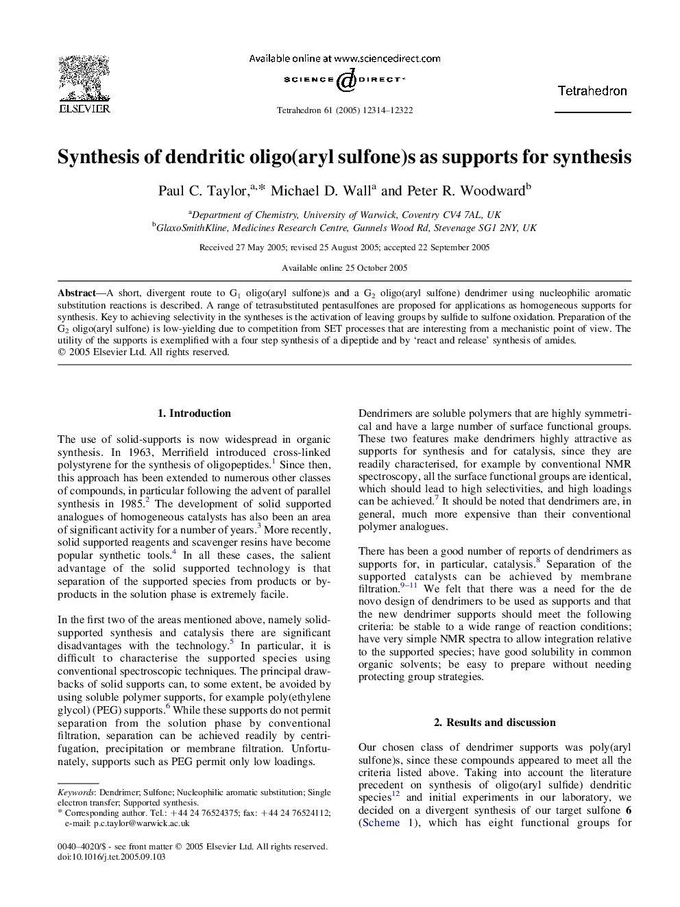 Synthesis of dendritic oligo(aryl sulfone)s as supports for synthesis