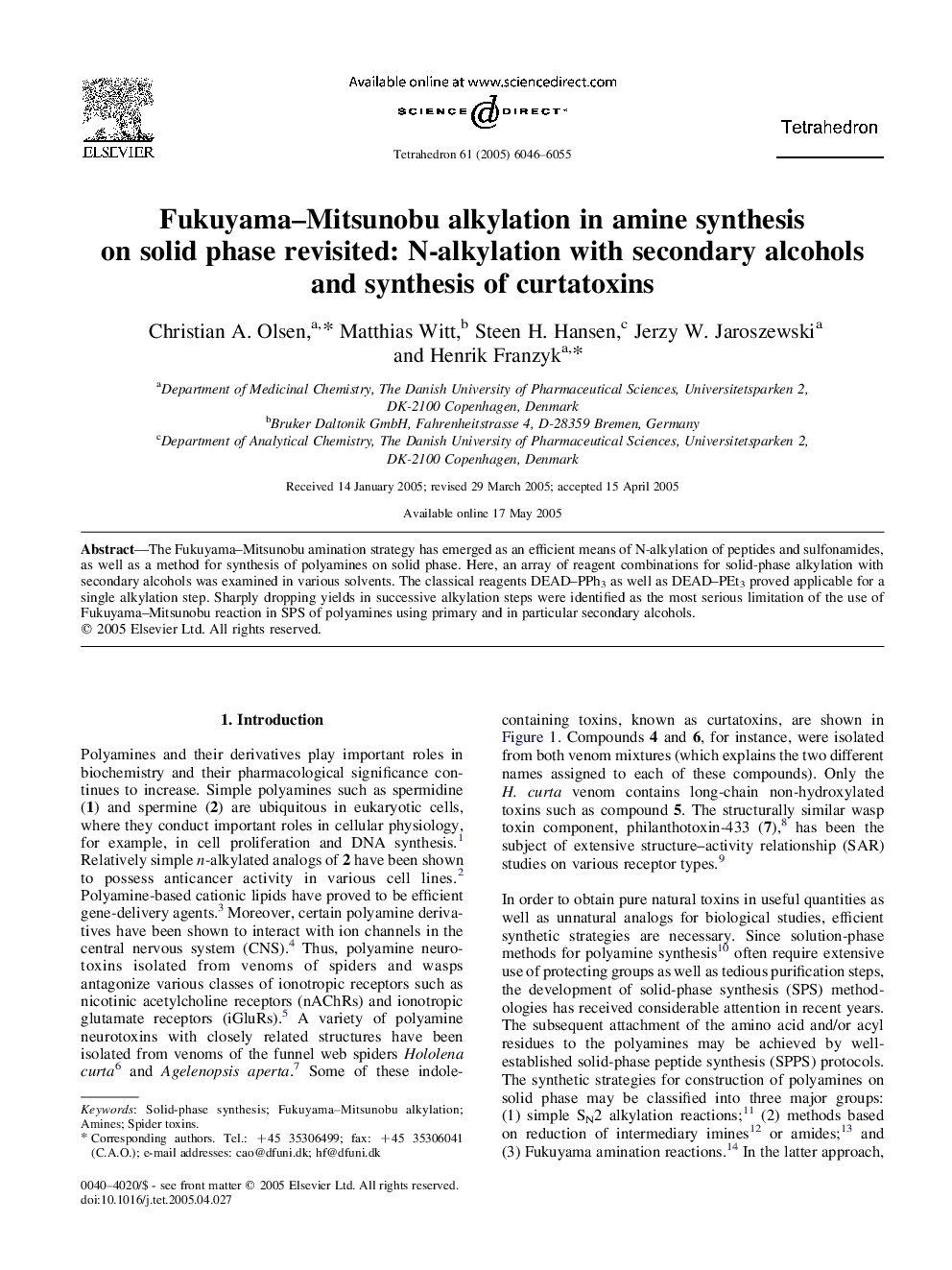 Fukuyama-Mitsunobu alkylation in amine synthesis on solid phase revisited: N-alkylation with secondary alcohols and synthesis of curtatoxins