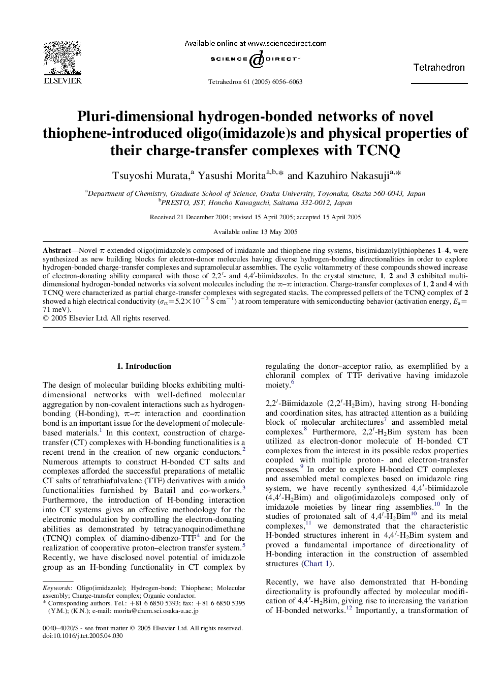 Pluri-dimensional hydrogen-bonded networks of novel thiophene-introduced oligo(imidazole)s and physical properties of their charge-transfer complexes with TCNQ