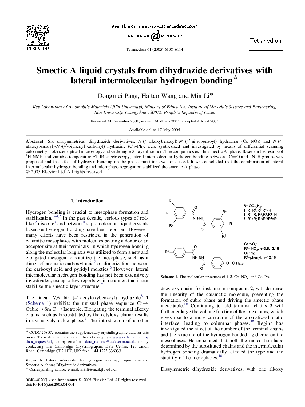 Smectic A liquid crystals from dihydrazide derivatives with lateral intermolecular hydrogen bonding