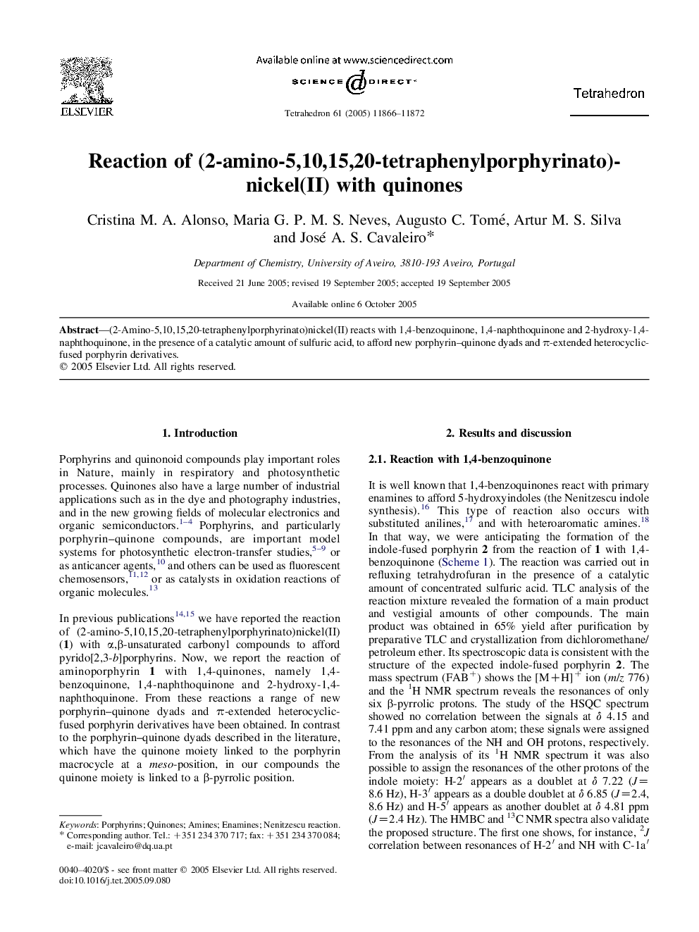 Reaction of (2-amino-5,10,15,20-tetraphenylporphyrinato)nickel(II) with quinones