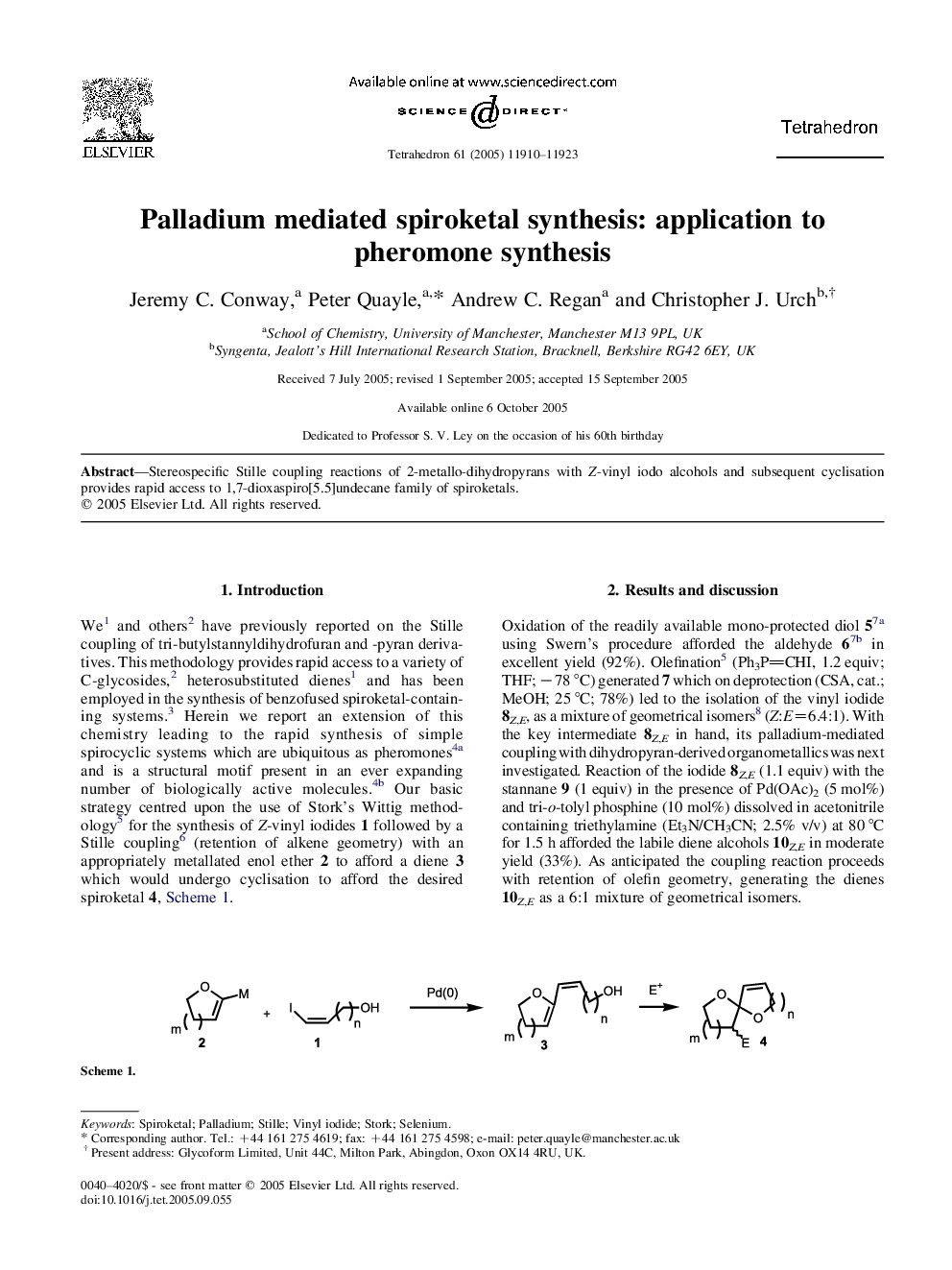 Palladium mediated spiroketal synthesis: application to pheromone synthesis