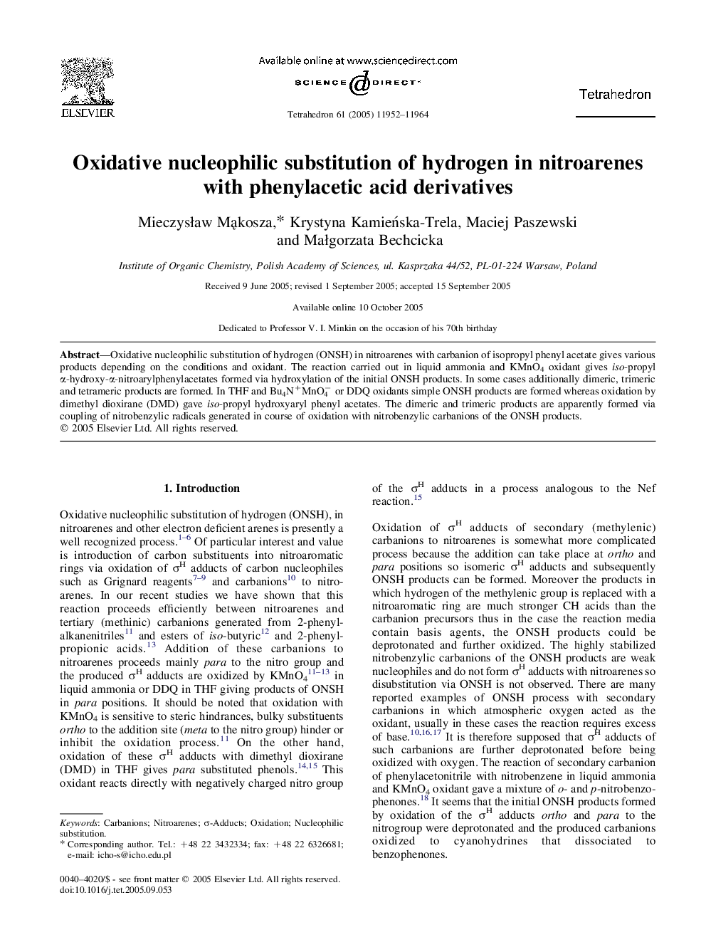 Oxidative nucleophilic substitution of hydrogen in nitroarenes with phenylacetic acid derivatives