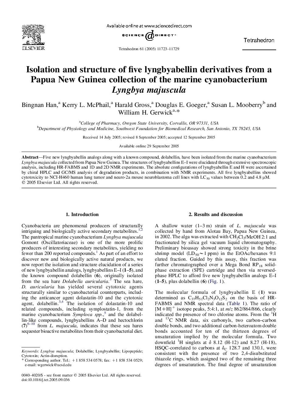 Isolation and structure of five lyngbyabellin derivatives from a Papua New Guinea collection of the marine cyanobacterium Lyngbya majuscula