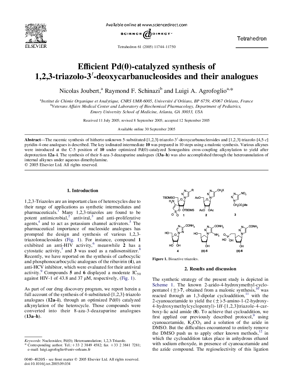 Efficient Pd(0)-catalyzed synthesis of 1,2,3-triazolo-3â²-deoxycarbanucleosides and their analogues