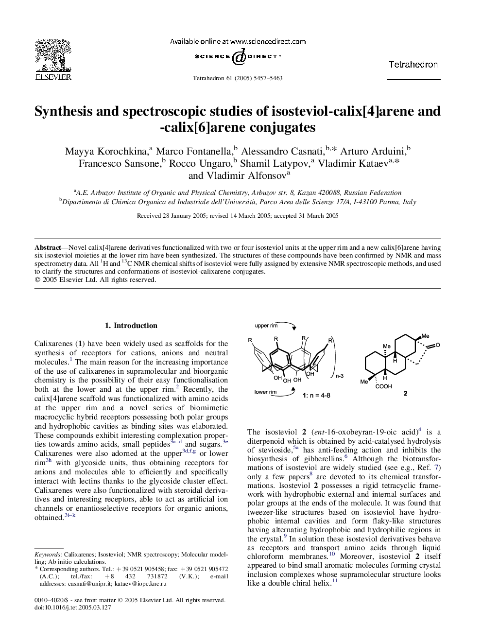 Synthesis and spectroscopic studies of isosteviol-calix[4]arene and -calix[6]arene conjugates