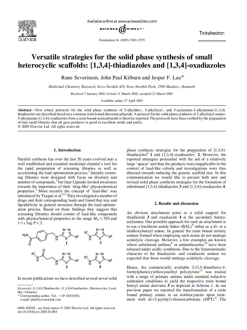 Versatile strategies for the solid phase synthesis of small heterocyclic scaffolds: [1,3,4]-thiadiazoles and [1,3,4]-oxadiazoles