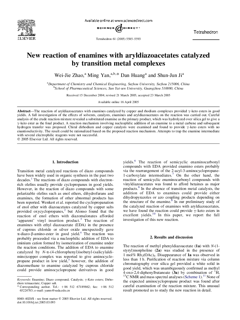 New reaction of enamines with aryldiazoacetates catalyzed by transition metal complexes