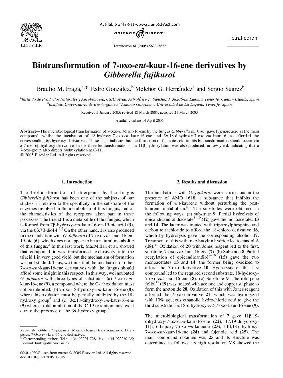 Biotransformation of 7-oxo-ent-kaur-16-ene derivatives by Gibberella fujikuroi