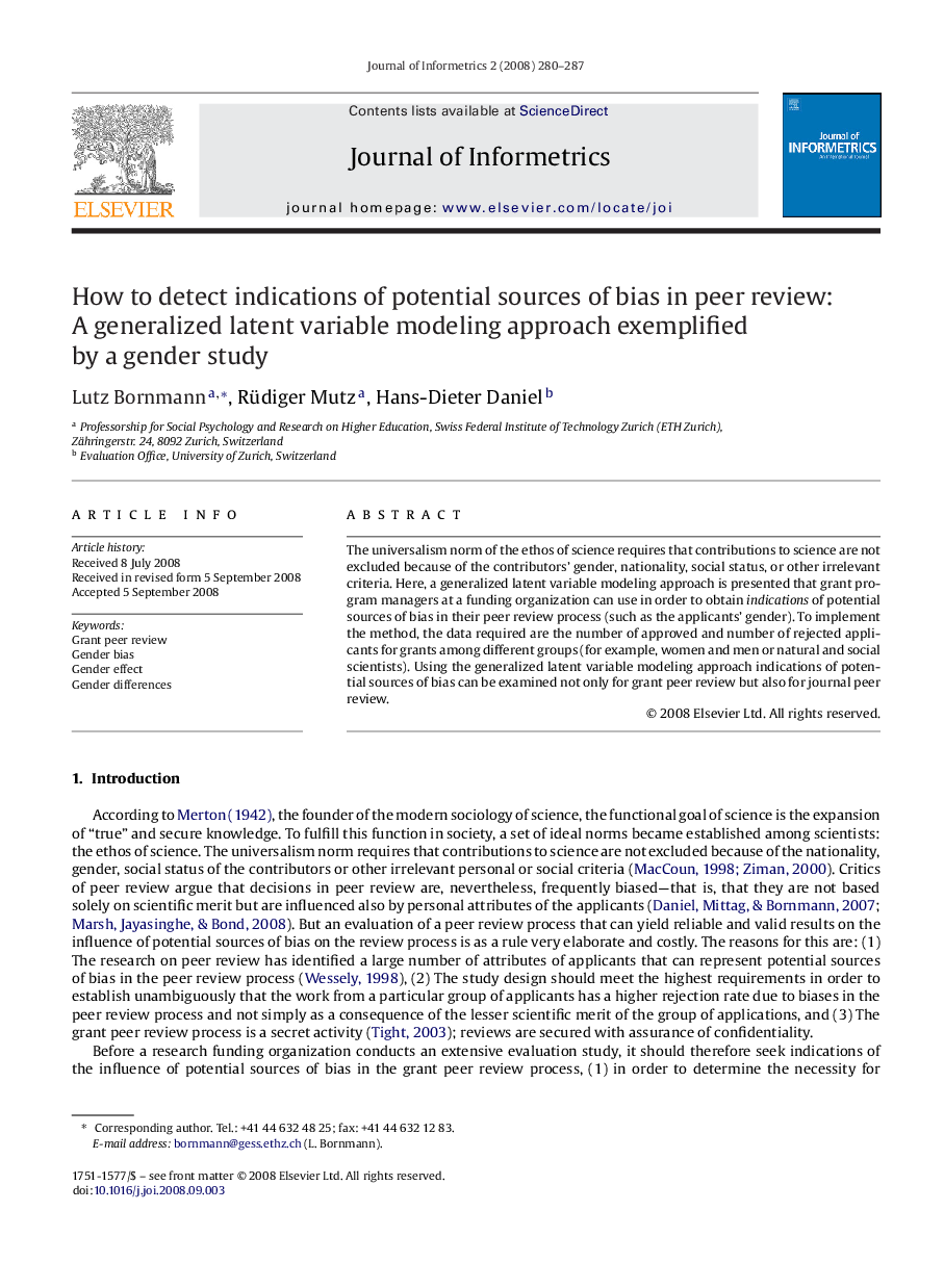 How to detect indications of potential sources of bias in peer review: A generalized latent variable modeling approach exemplified by a gender study