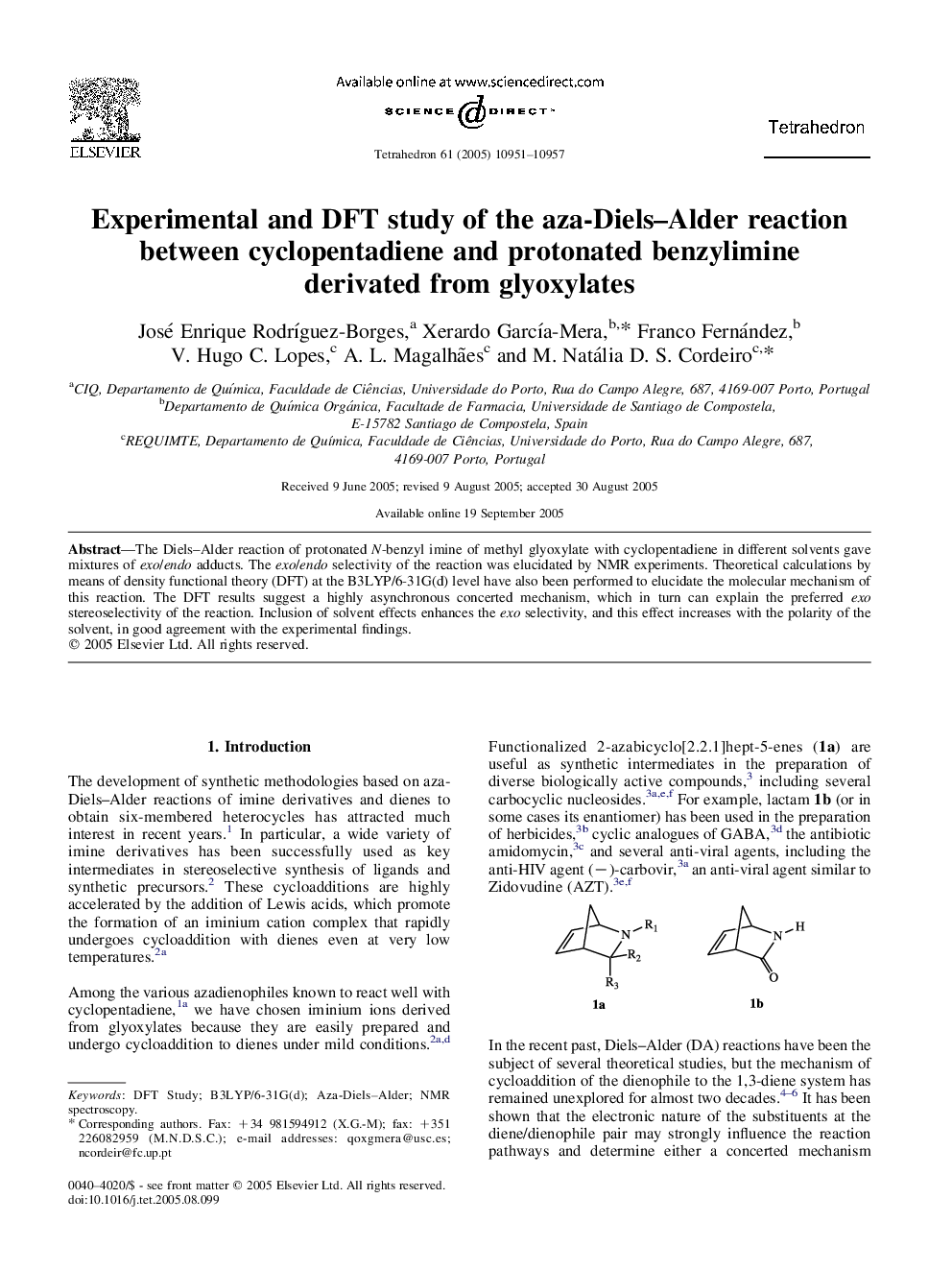 Experimental and DFT study of the aza-Diels-Alder reaction between cyclopentadiene and protonated benzylimine derivated from glyoxylates
