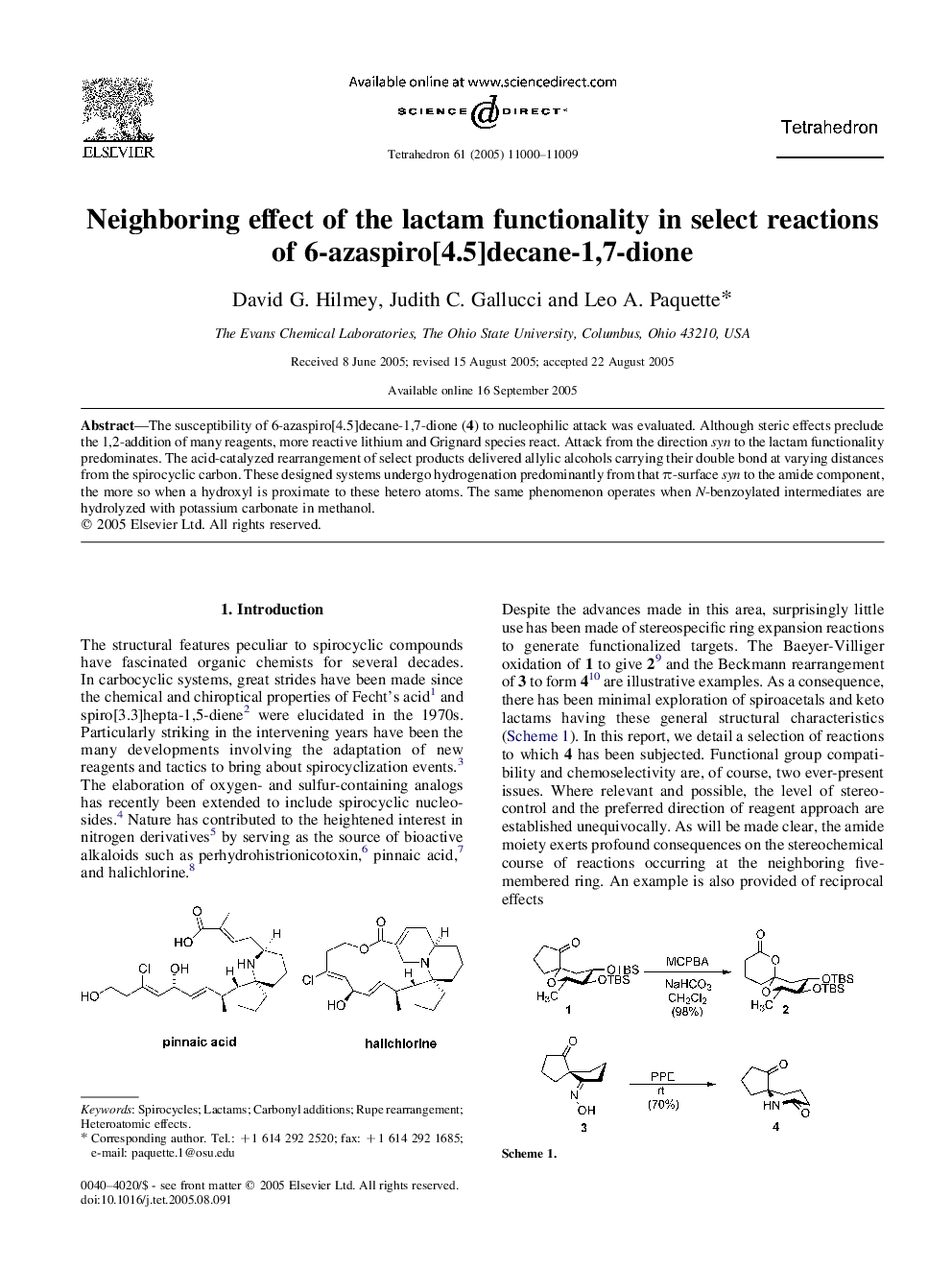 Neighboring effect of the lactam functionality in select reactions of 6-azaspiro[4.5]decane-1,7-dione